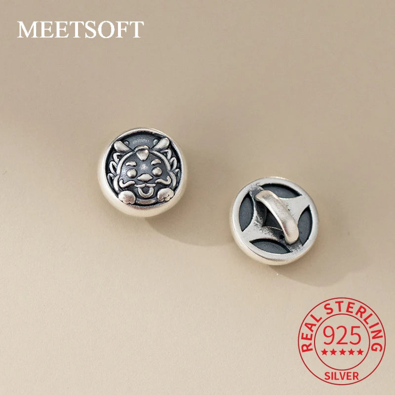S999 Sterling Silver Little Retro 3D Dragon Button Hand Woven Rope DIY Bracelet Necklace Handmade Woven Rope Material Accessory Pure Aura