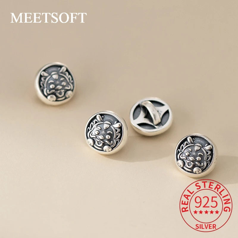 S999 Sterling Silver Little Retro 3D Dragon Button Hand Woven Rope DIY Bracelet Necklace Handmade Woven Rope Material Accessory Pure Aura