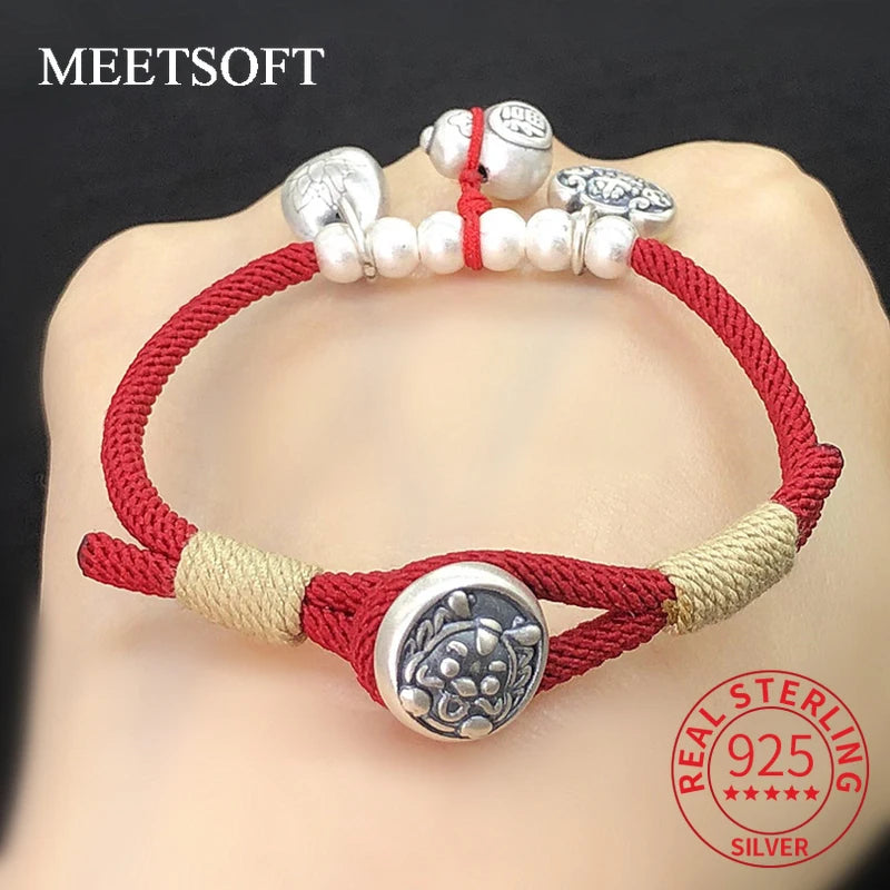 S999 Sterling Silver Little Retro 3D Dragon Button Hand Woven Rope DIY Bracelet Necklace Handmade Woven Rope Material Accessory Pure Aura