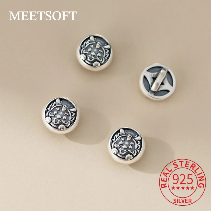 S999 Sterling Silver Little Retro 3D Dragon Button Hand Woven Rope DIY Bracelet Necklace Handmade Woven Rope Material Accessory Pure Aura