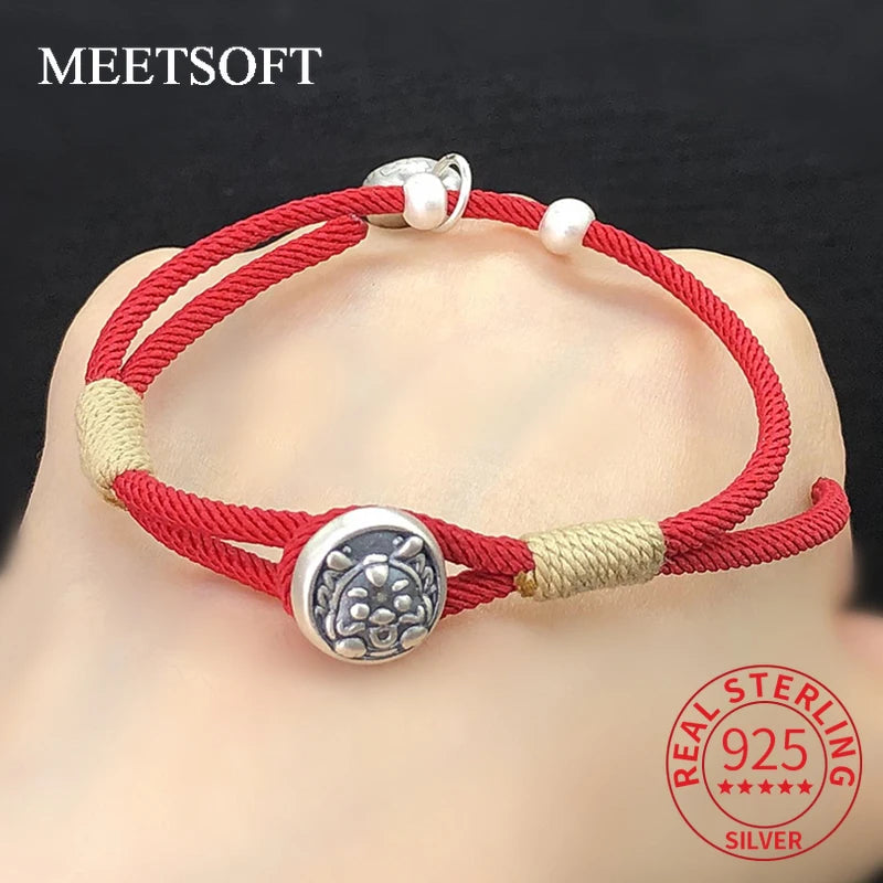 S999 Sterling Silver Little Retro 3D Dragon Button Hand Woven Rope DIY Bracelet Necklace Handmade Woven Rope Material Accessory Pure Aura